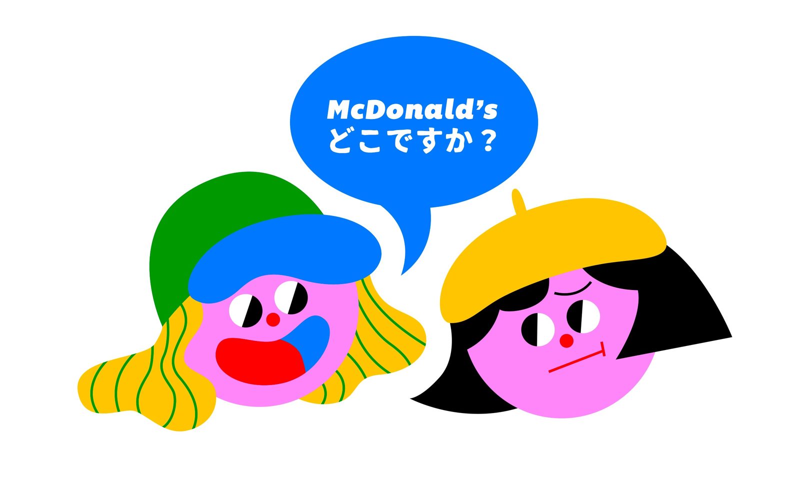 Illustration of two people with one asking where mcdonald's is