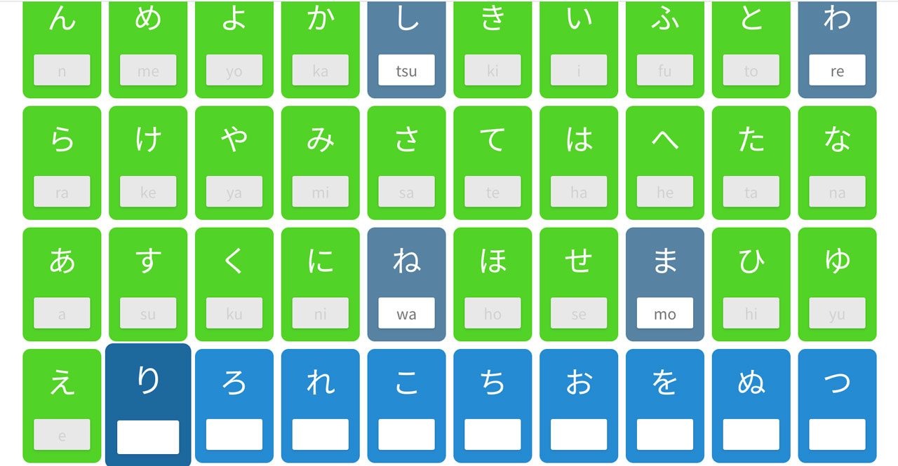 A screenshot from tofugu's learn kana quiz
