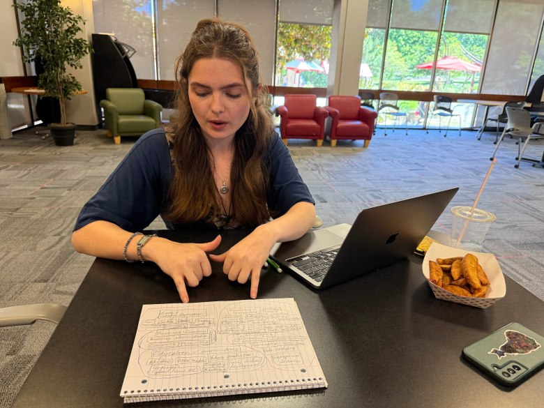 Tylar Penney, a sociology and anthropology major, describes her vision for saving Southern Oregon University. “It shouldn’t be on students and families to fund institutions that were never designed to be profitable,” Penney says.