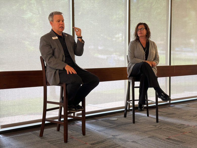 Southern Oregon University president Richard J. Bailey and provost Casey Shillam answer questions about the university’s financial crisis during an emergency student town hall. SOU is one of the first public regional universities to face serious risk of closure.