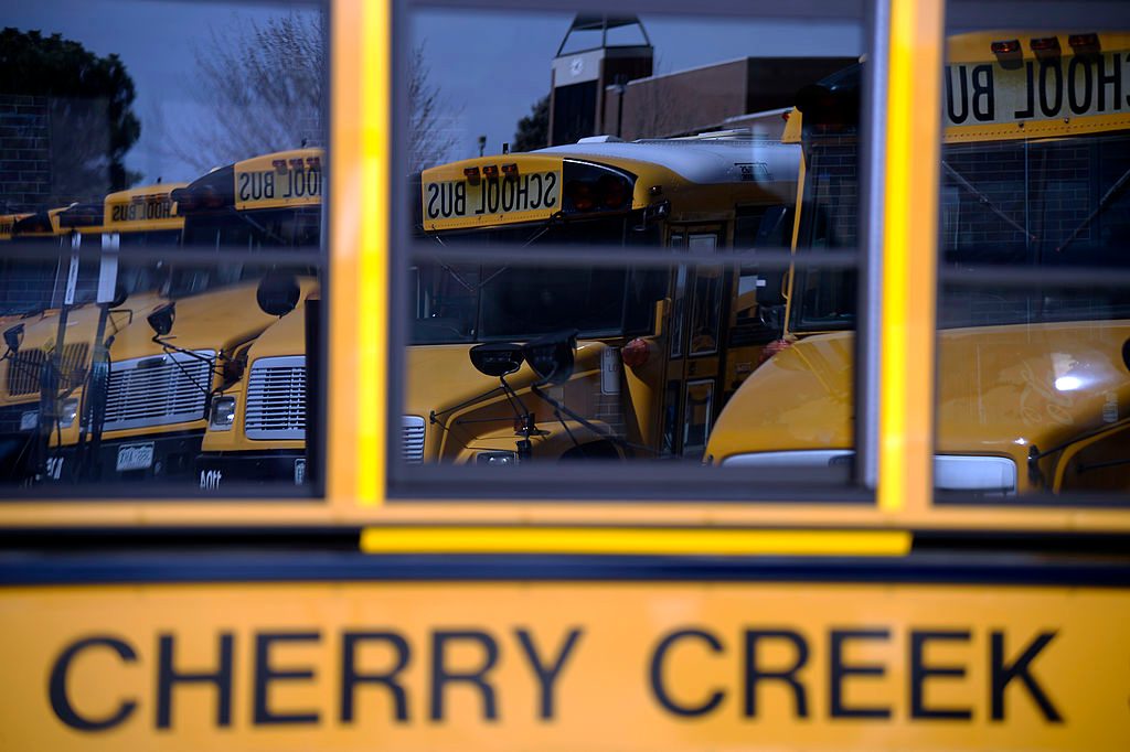 Cherry Creek School District buses lined up. (John Leyba/The Denver Post via Getty Images)