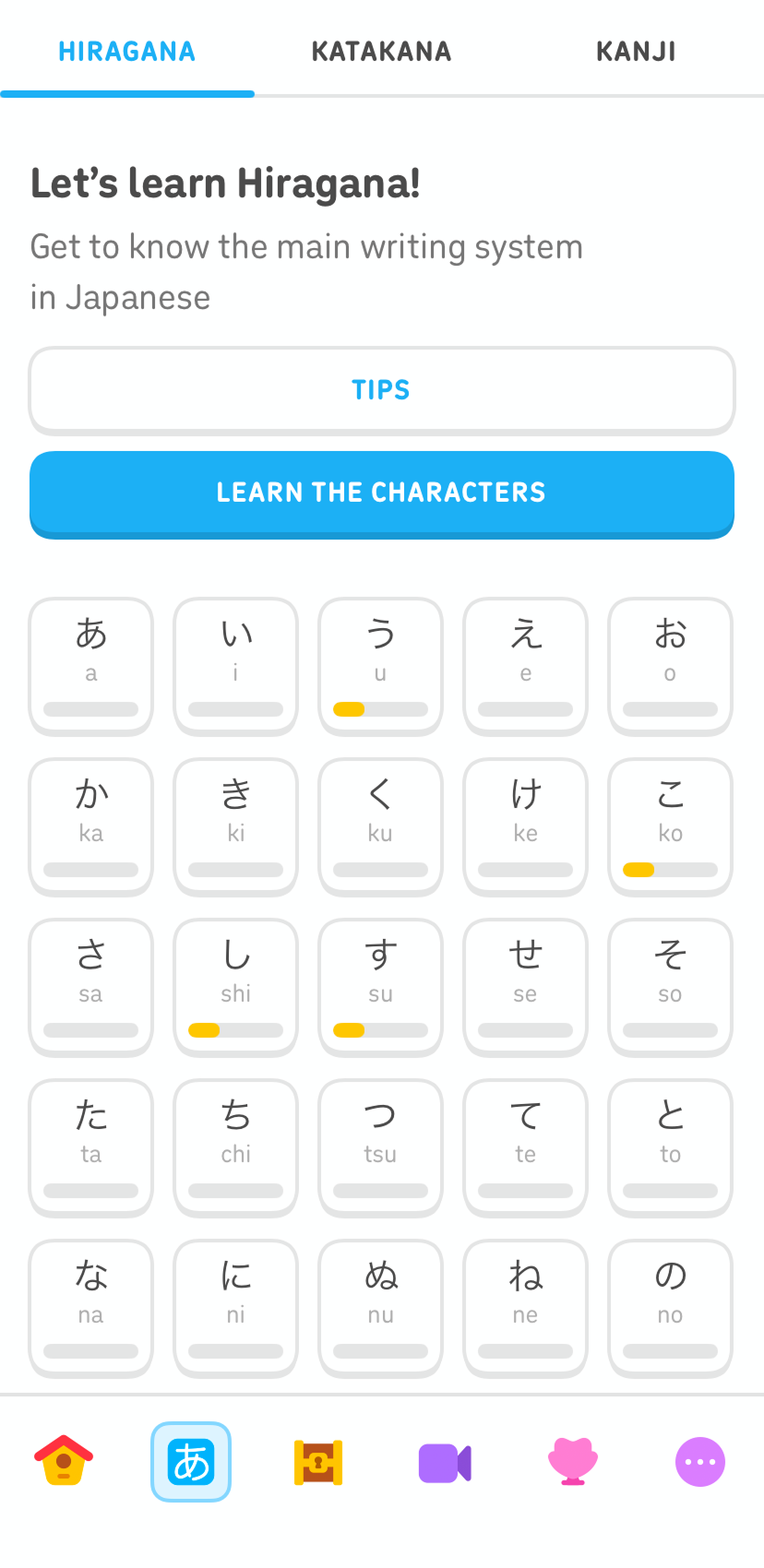 Screenshot of the practice tab. At the top it says “Let's practice Hiragana! Get to know the main writing system of Japanese” and below it are buttons for “Tips” and “Learn the characters.” The rest of the screen shows a grid of buttons for the different hiragana characters with Roman letters representing the sound they make.